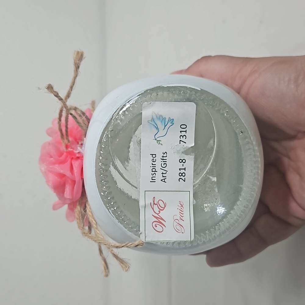 handmade white mason jar with floral blue ribbon and pink flower cross - Picture 5 of 6